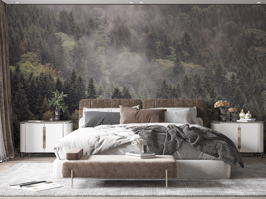 fototapeta w sypialni z mglistym lasem