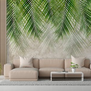 Tapeta beton i zwisające liście palmy