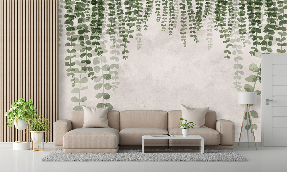 Fototapeta do salonu zwisające liście, bezowy beton